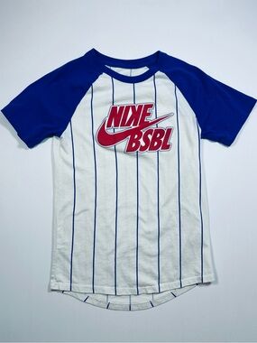 Nike Short Sleeve T-shirt in White and Royal Blue Baseball Pinstripe - BSBL Logo